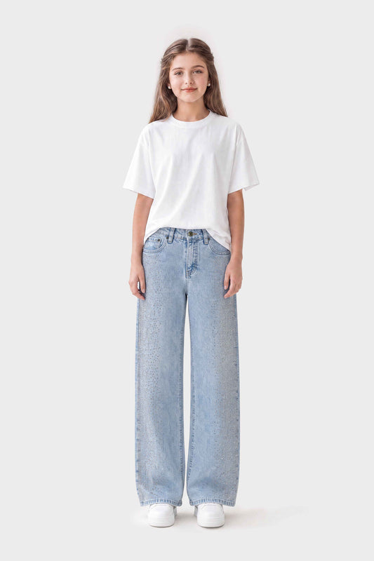 Wide Leg Peach Rhinestones Jeans
