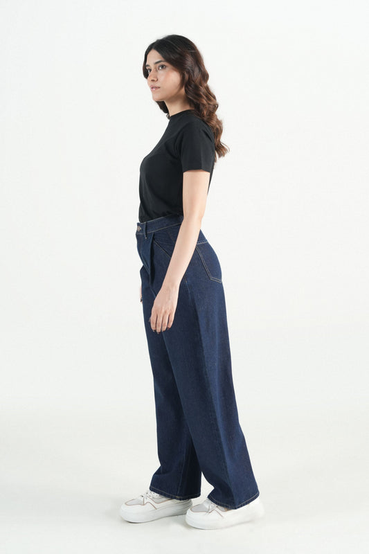 Pleated Barrel Dark Blue Jeans