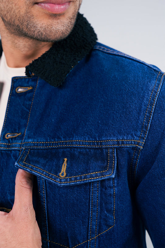 Dark Denim Jacket With Sherpa shop at rockstar jeans