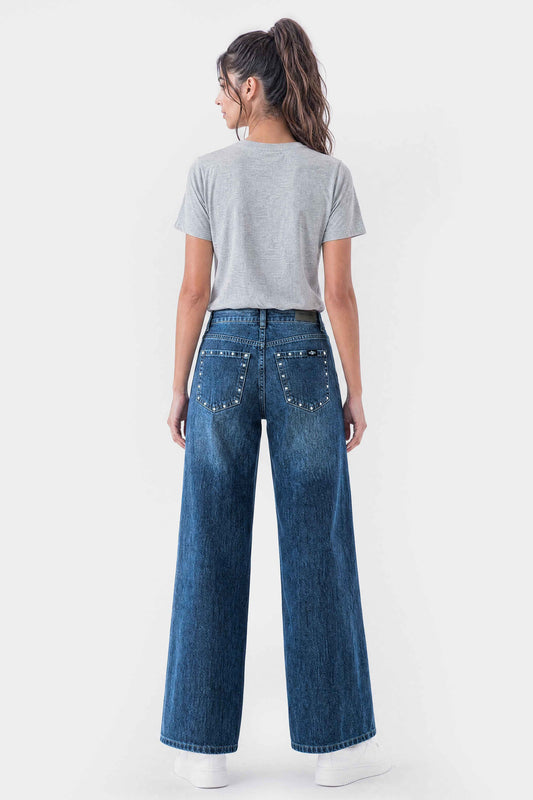 Mid Rise Wide Leg Stud Jeans