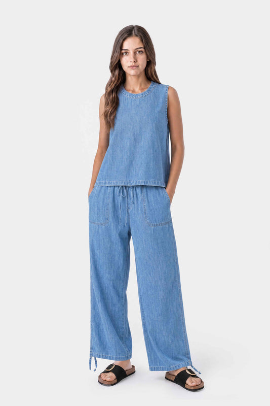 Mid-Rise Drawcord Wide Leg Trousers