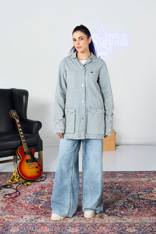 Striped Long Denim Coat shop at rockstar jeans
