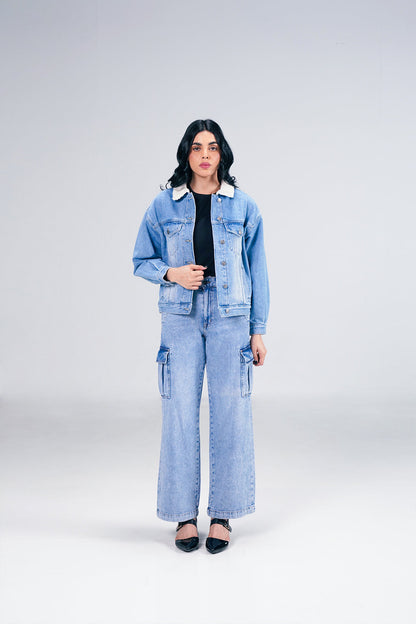 Light Denim Jacket With Sherpa shop at rockstar jeans