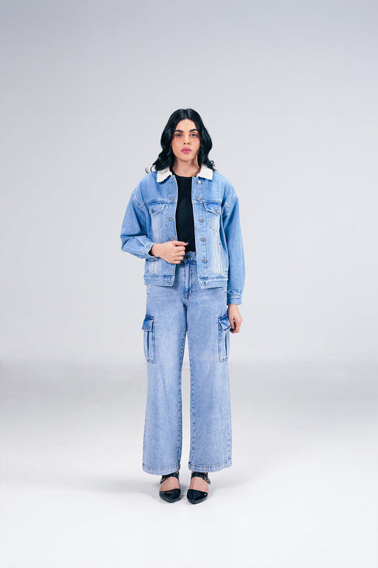 Light Denim Jacket With Sherpa shop at rockstar jeans