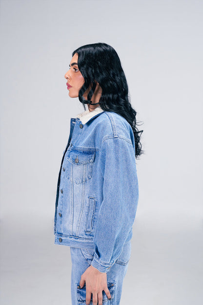 Light Denim Jacket With Sherpa